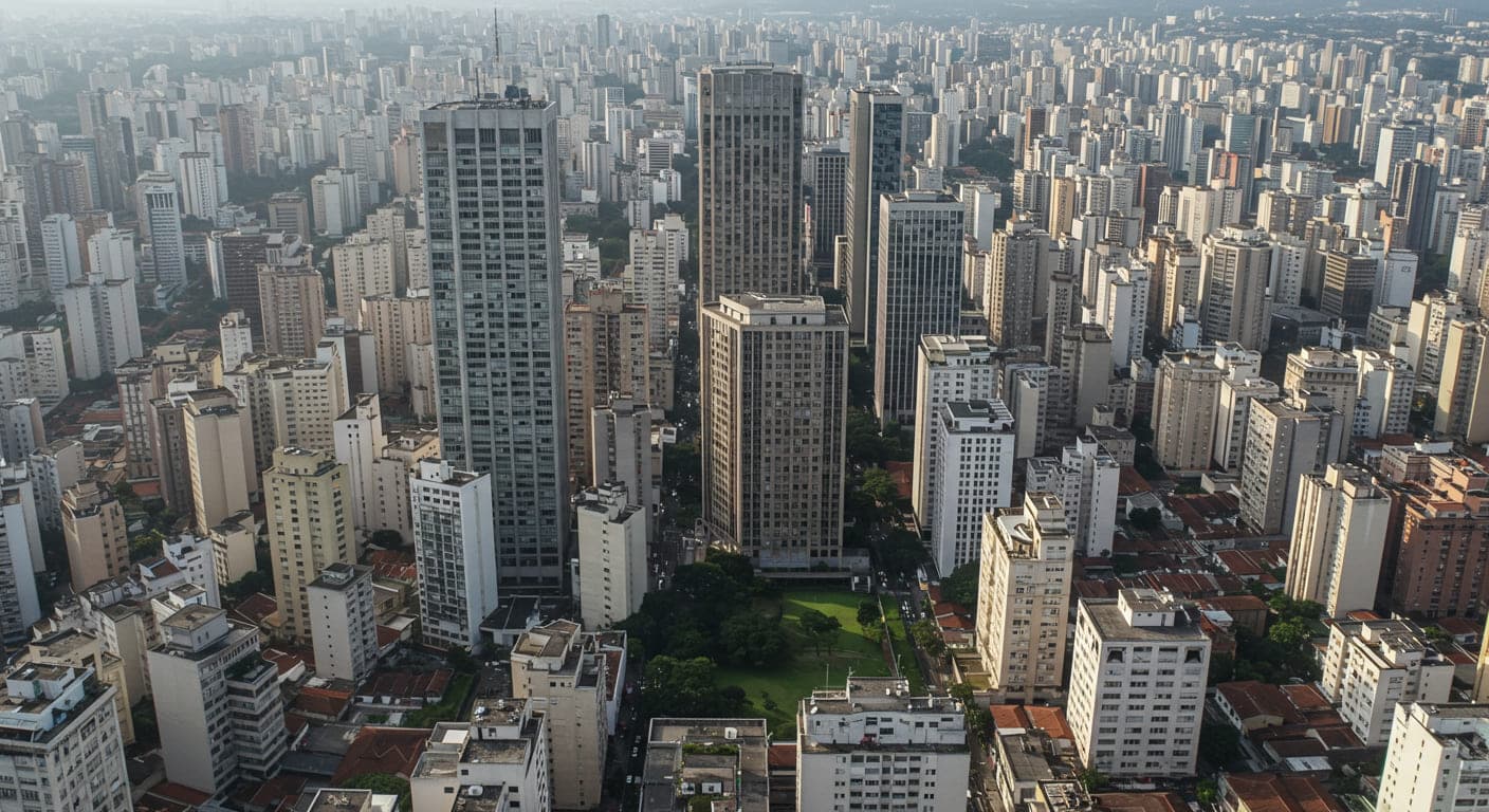 Vista aérea de uma região com inúmeros prédios altos e edifícios residenciais, representando um dos bairros mais verticalizados de São Paulo.